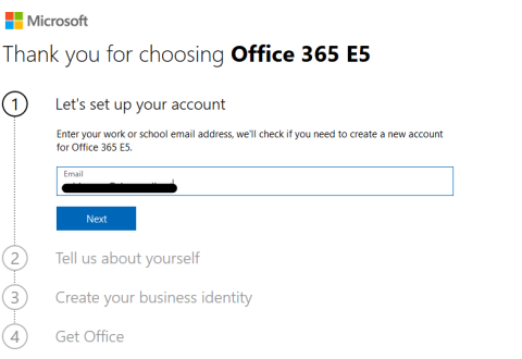 Screenshot of the Office 365 E5 trial signup process.