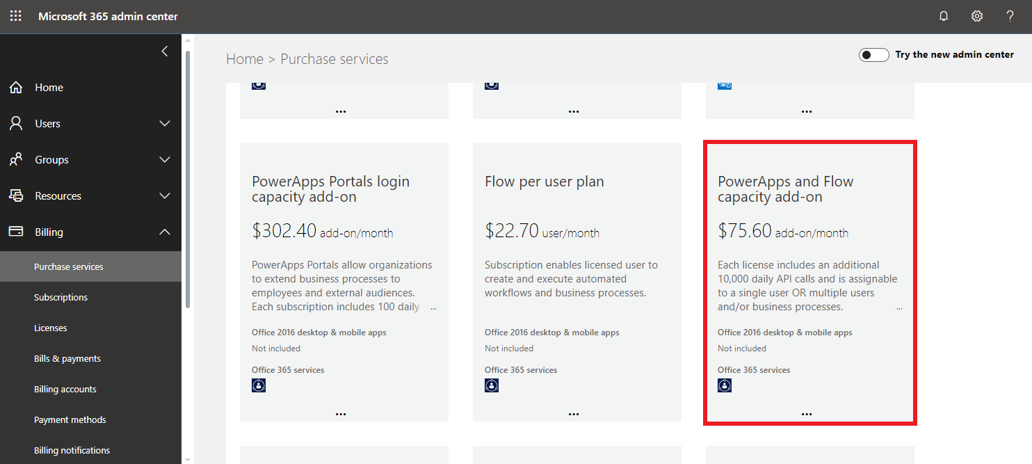 Screenshot of PowerApps and Flow capacity add-on subscription